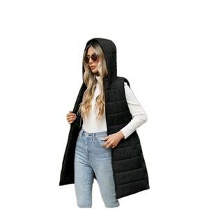 Womans XL, Sleeveless Lightweight Down Long Hooded Puffer Vest, Black